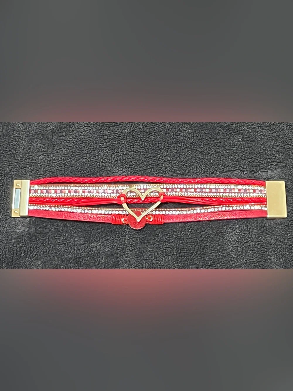 Boho Red Layered Leather Cuff Boutique Magnetic Bracelet Gold Heart Druzy Clasp